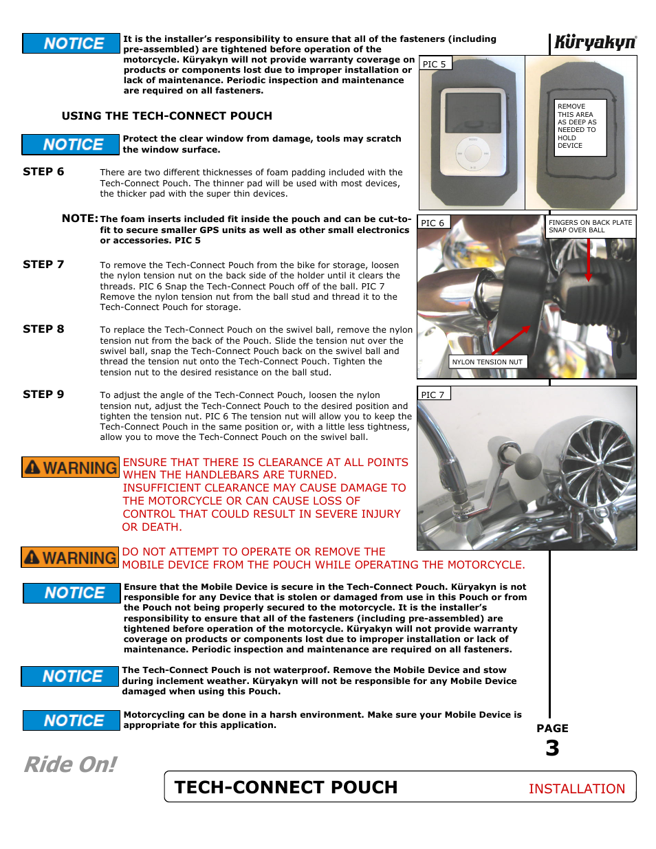 Ride on, Tech-connect pouch, Installation | Kuryakyn 1797 TECH-CONNECT POUCH W/MIRROR MOUNT User Manual | Page 3 / 3