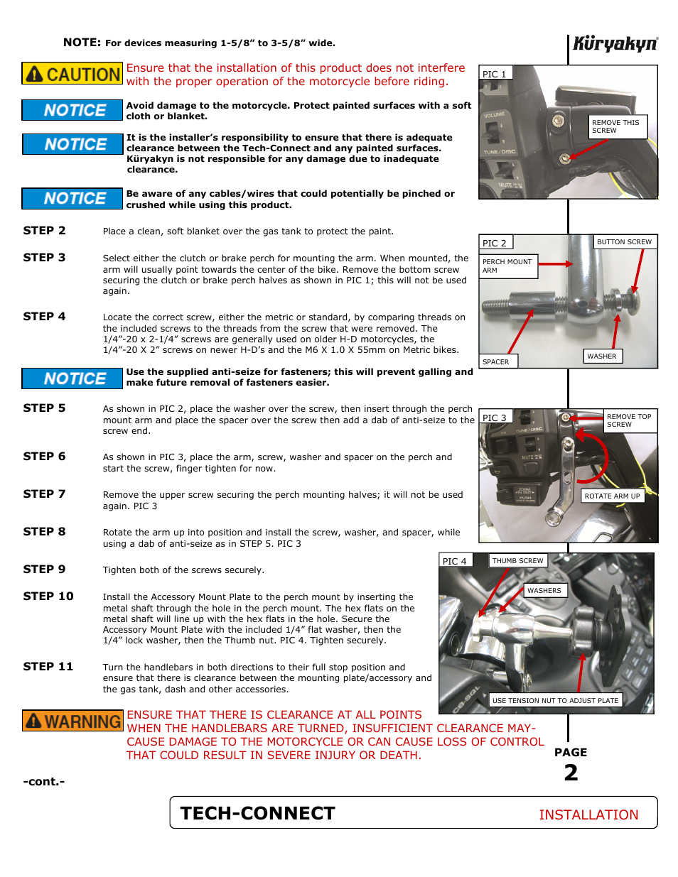 Tech-connect, Installation | Kuryakyn 1788 TECH-CONNECT with CHROME PERCH MOUNT User Manual | Page 2 / 3