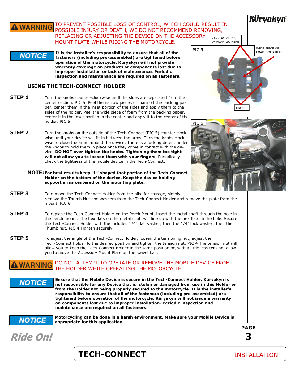 Ride on, Tech-connect, Installation | Kuryakyn 1788 TECH-CONNECT with CHROME PERCH MOUNT User Manual | Page 3 / 3