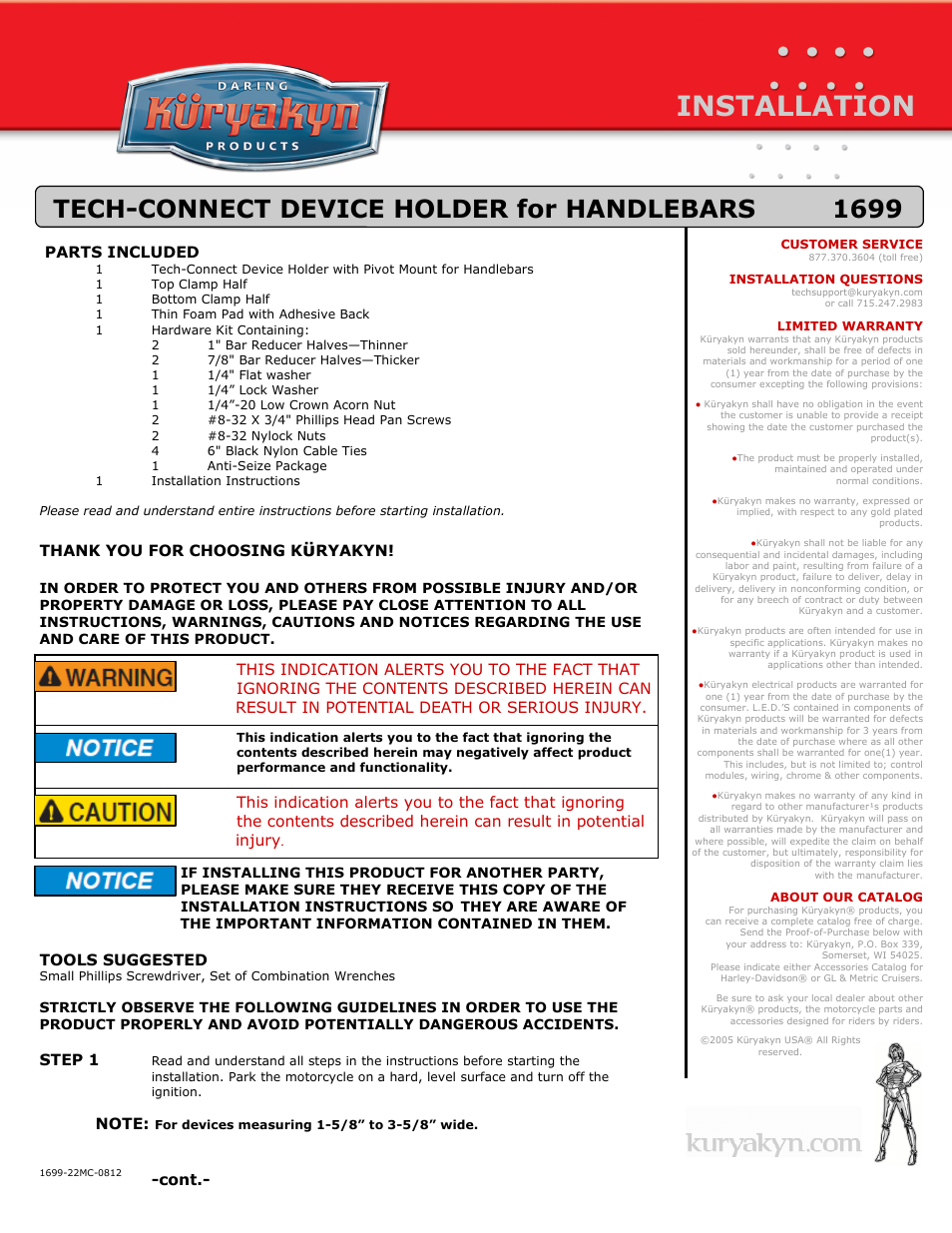 Kuryakyn 1699 TECH-CONNECT DEVICE HOLDER for HANDLEBARS User Manual | 3 pages