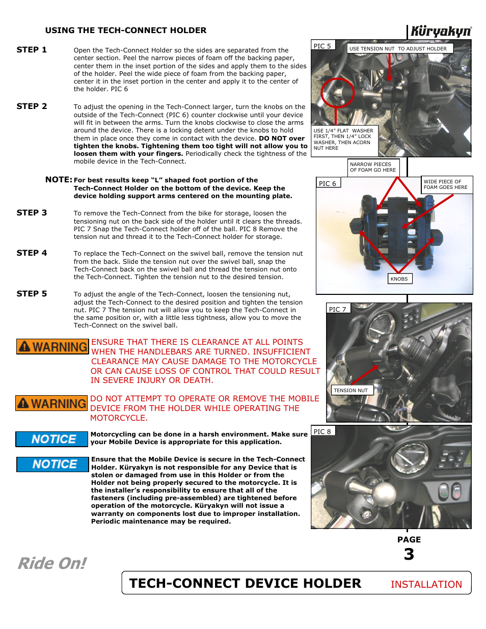 Ride on, Tech-connect device holder, Installation | Kuryakyn 1699 TECH-CONNECT DEVICE HOLDER for HANDLEBARS User Manual | Page 3 / 3