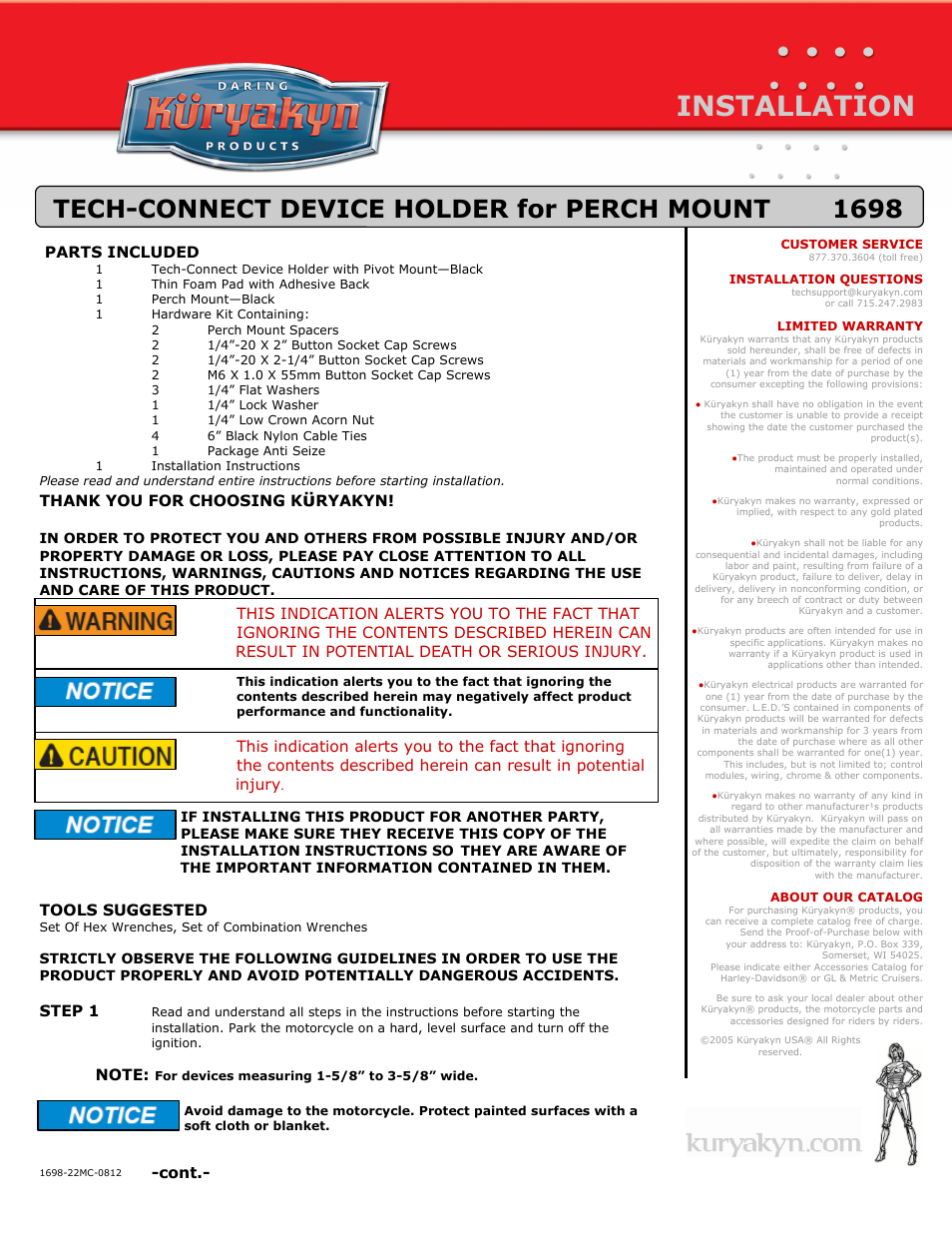 Kuryakyn 1698 TECH-CONNECT DEVICE HOLDER for PERCH MOUNT User Manual | 3 pages