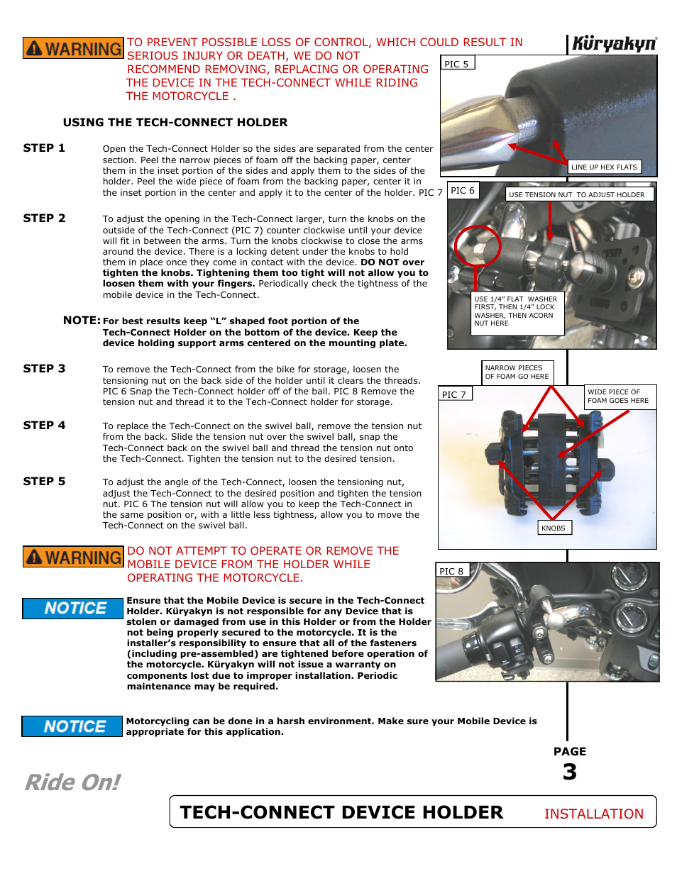 Ride on, Tech-connect device holder, Installation | Kuryakyn 1698 TECH-CONNECT DEVICE HOLDER for PERCH MOUNT User Manual | Page 3 / 3