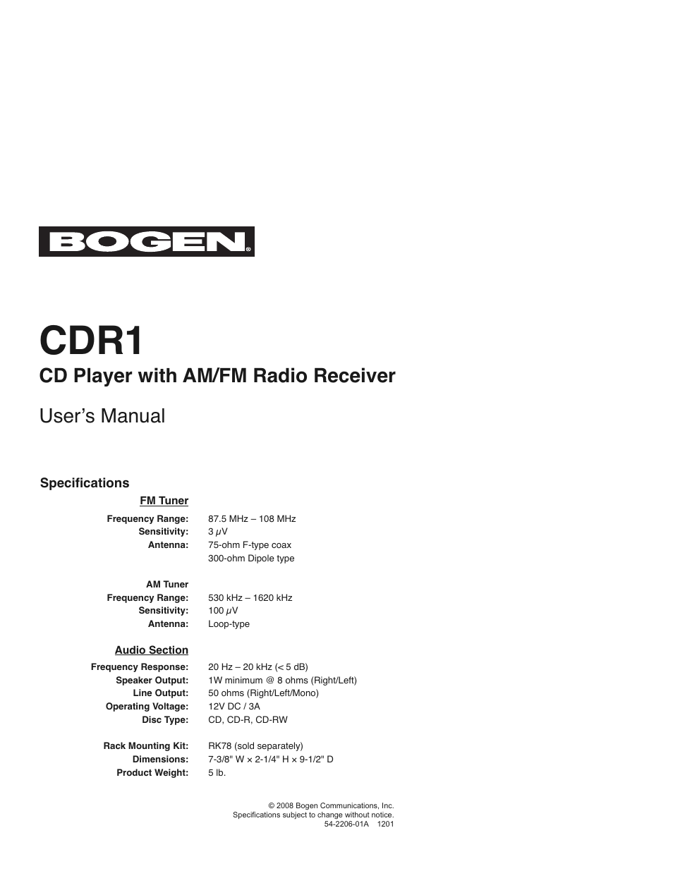 Bogen CDR1 User Manual | 8 pages