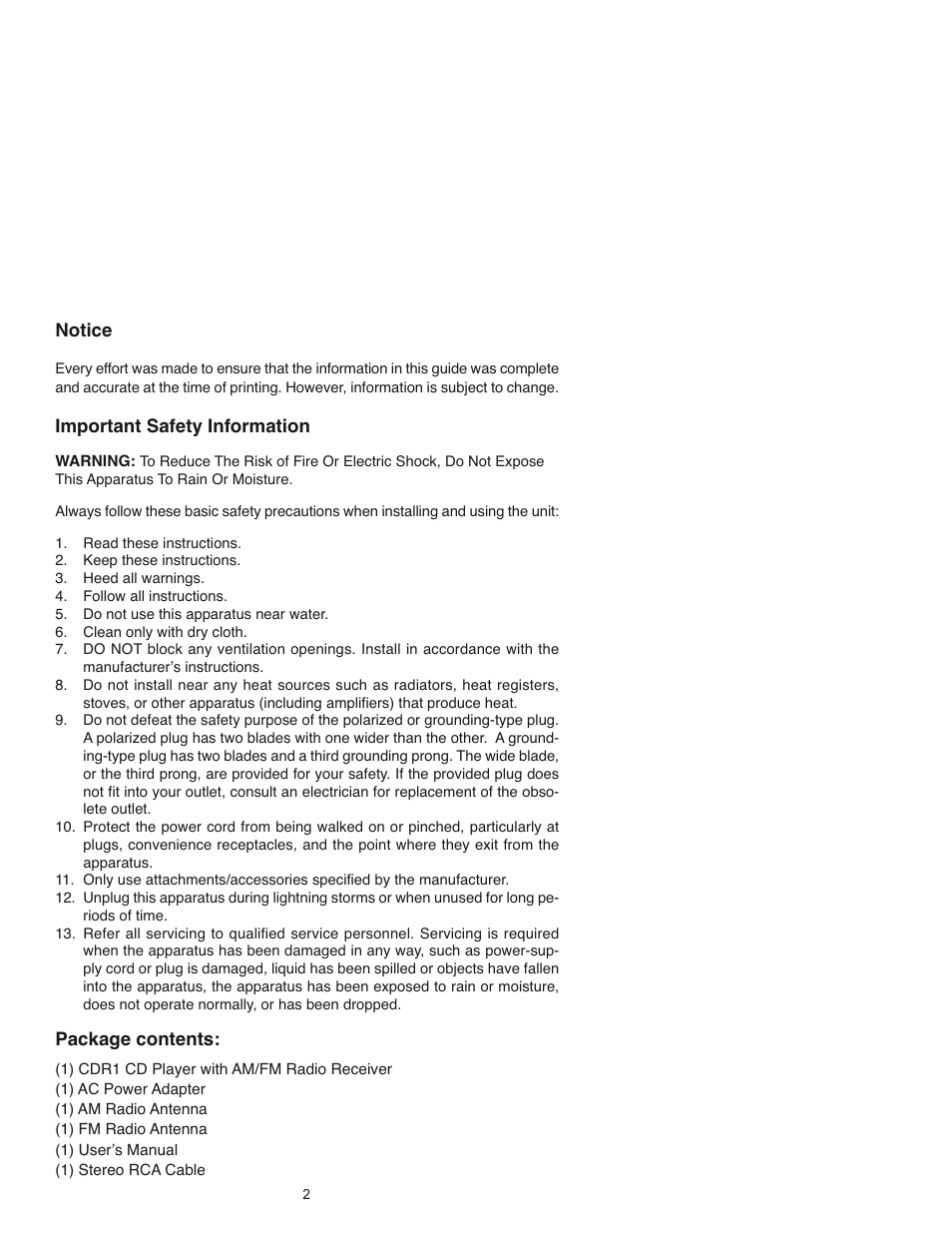 Notice, Important safety information, Package contents | Bogen CDR1 User Manual | Page 2 / 8