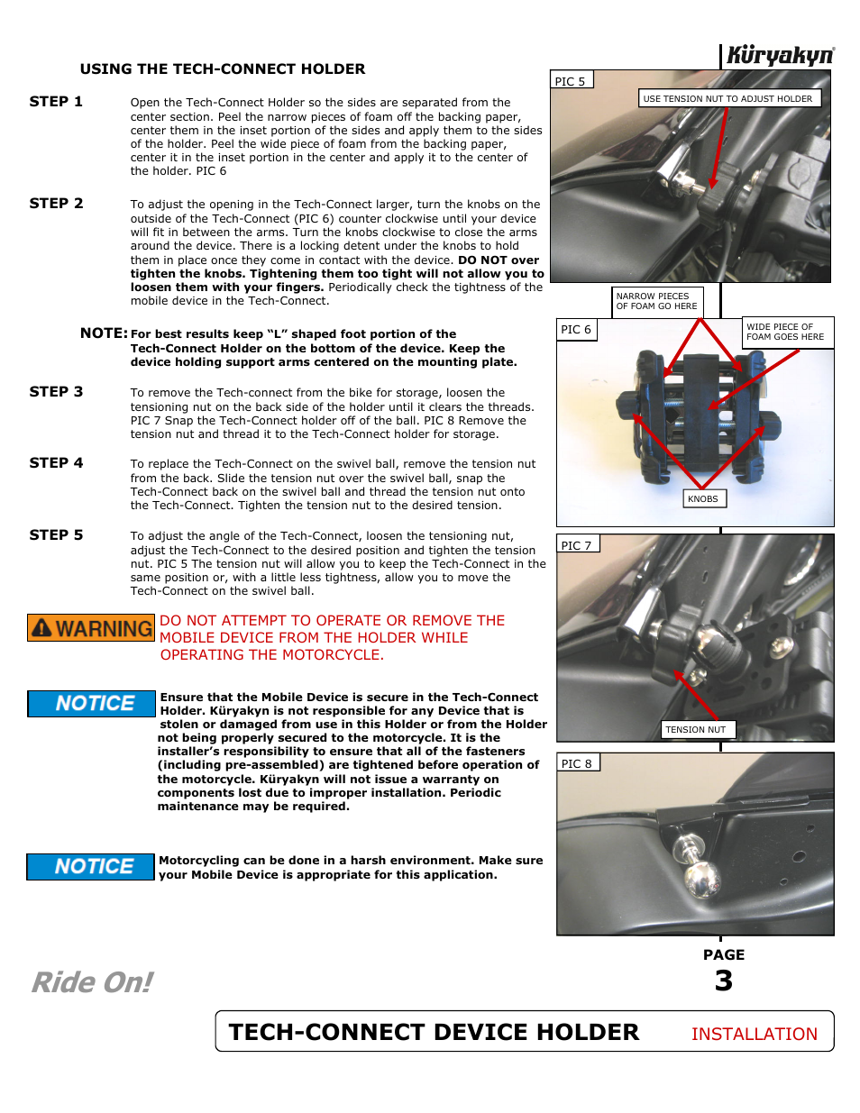 Ride on, Tech-connect device holder, Installation | Kuryakyn 1697 TECH-CONNECT DEVICE HOLDER w/FAIRING MOUNT User Manual | Page 3 / 3