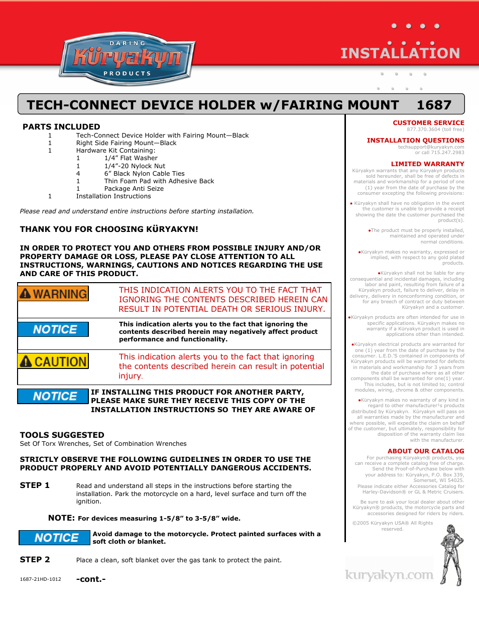 Kuryakyn 1687 TECH-CONNECT DEVICE HOLDER w/FAIRING MOUNT User Manual | 3 pages