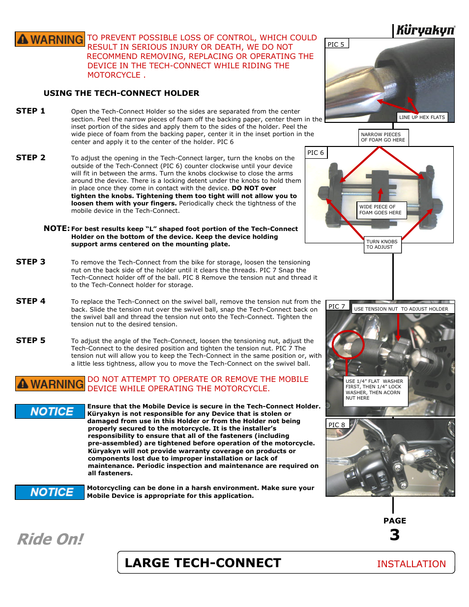 Ride on, Large tech-connect, Installation | Kuryakyn 1676 LARGE TECH-CONNECT with PERCH MOUNT User Manual | Page 3 / 3