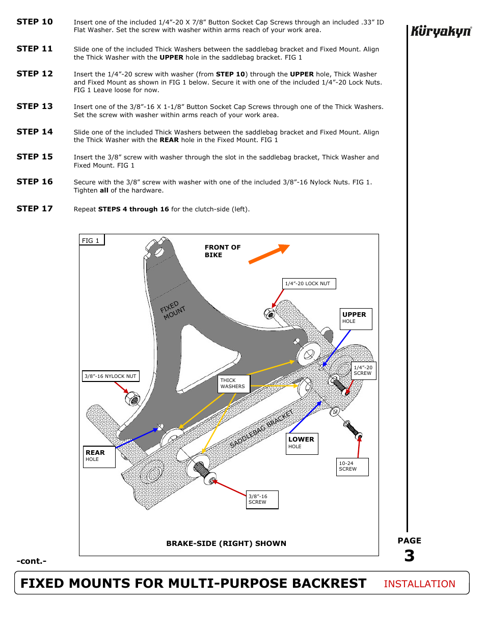 Fixed mounts for multi-purpose backrest, Installation | Kuryakyn 1659 FIXED MOUNTS FOR MULTI-PURPOSE BACKREST User Manual | Page 3 / 4