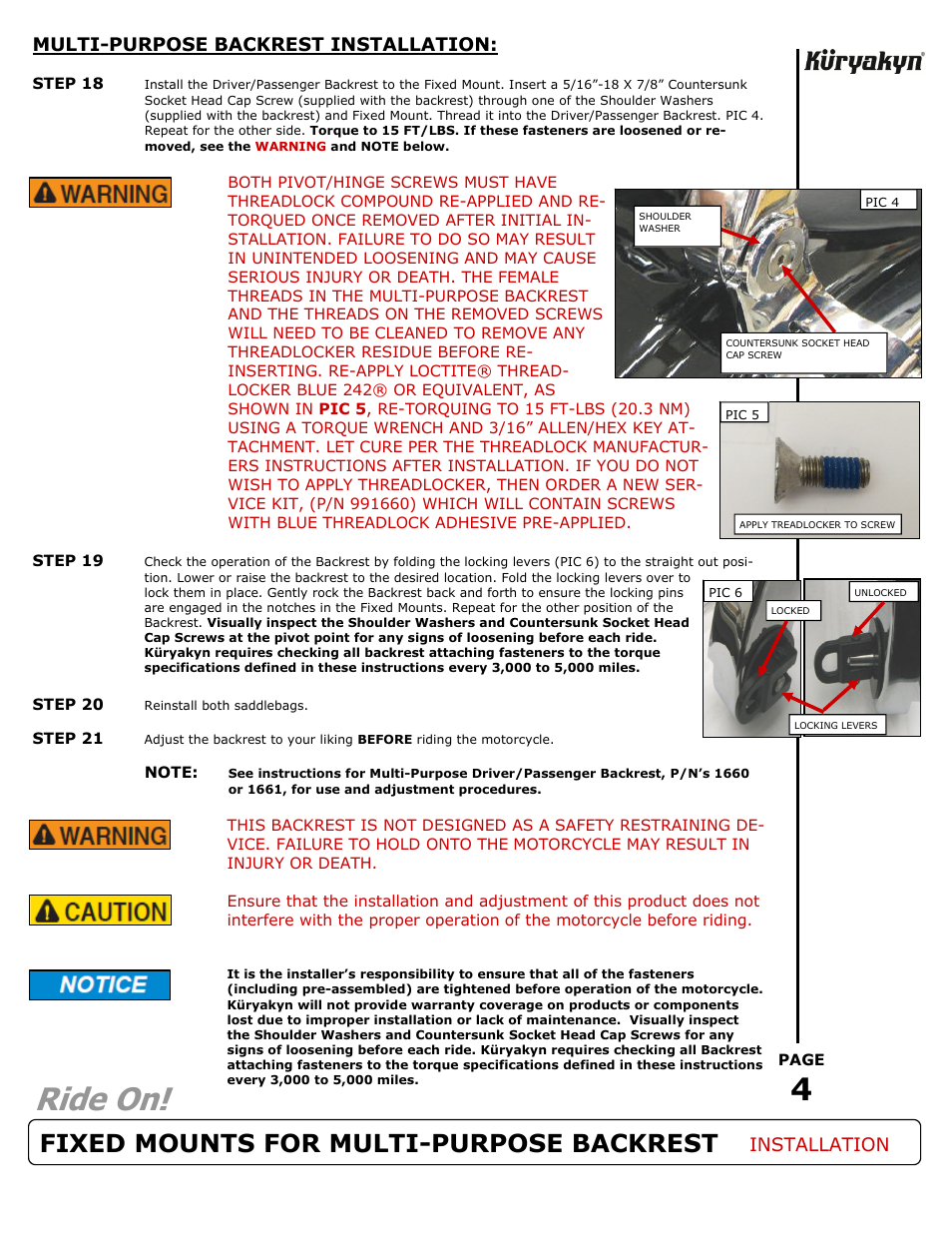 Ride on, Fixed mounts for multi-purpose backrest | Kuryakyn 1659 FIXED MOUNTS FOR MULTI-PURPOSE BACKREST User Manual | Page 4 / 4