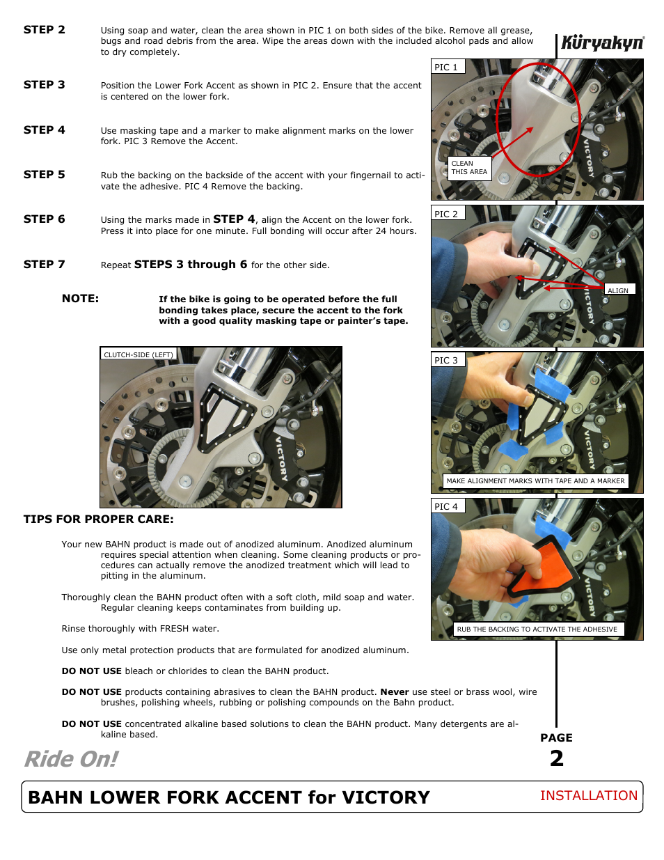 Ride on, Bahn lower fork accent for victory, Installation | Kuryakyn 7125 BAHN LOWER FORK ACCENT for VICTORY User Manual | Page 2 / 2