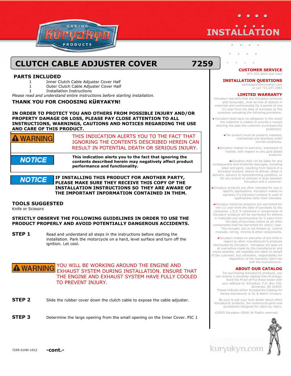 Kuryakyn 7259 CLUTCH CABLE ADJUSTER COVER User Manual | 2 pages