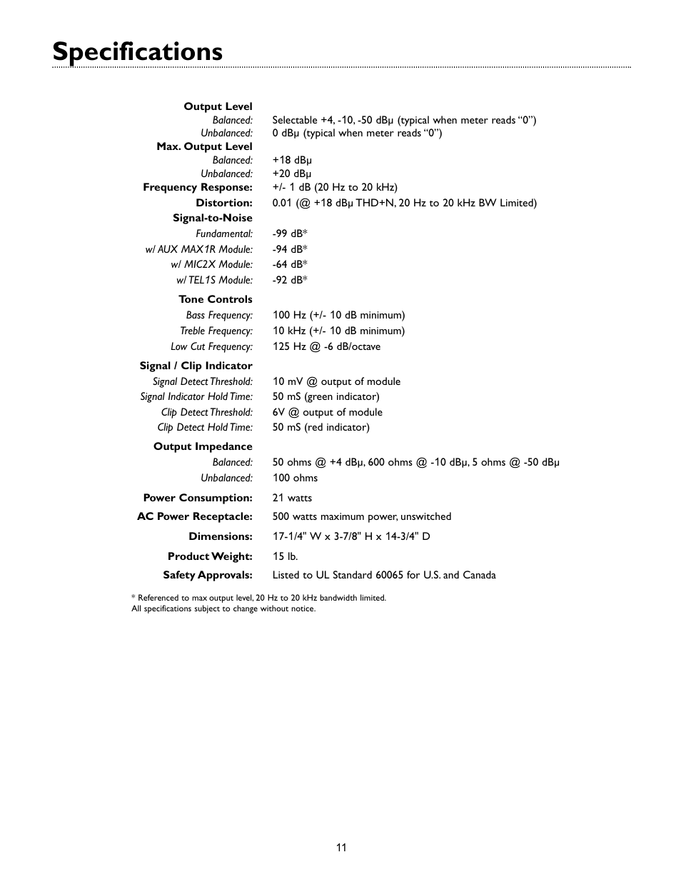 Specifications | Bogen VMIX User Manual | Page 13 / 16