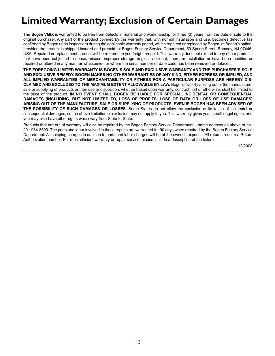 Limited warranty; exclusion of certain damages | Bogen VMIX User Manual | Page 15 / 16