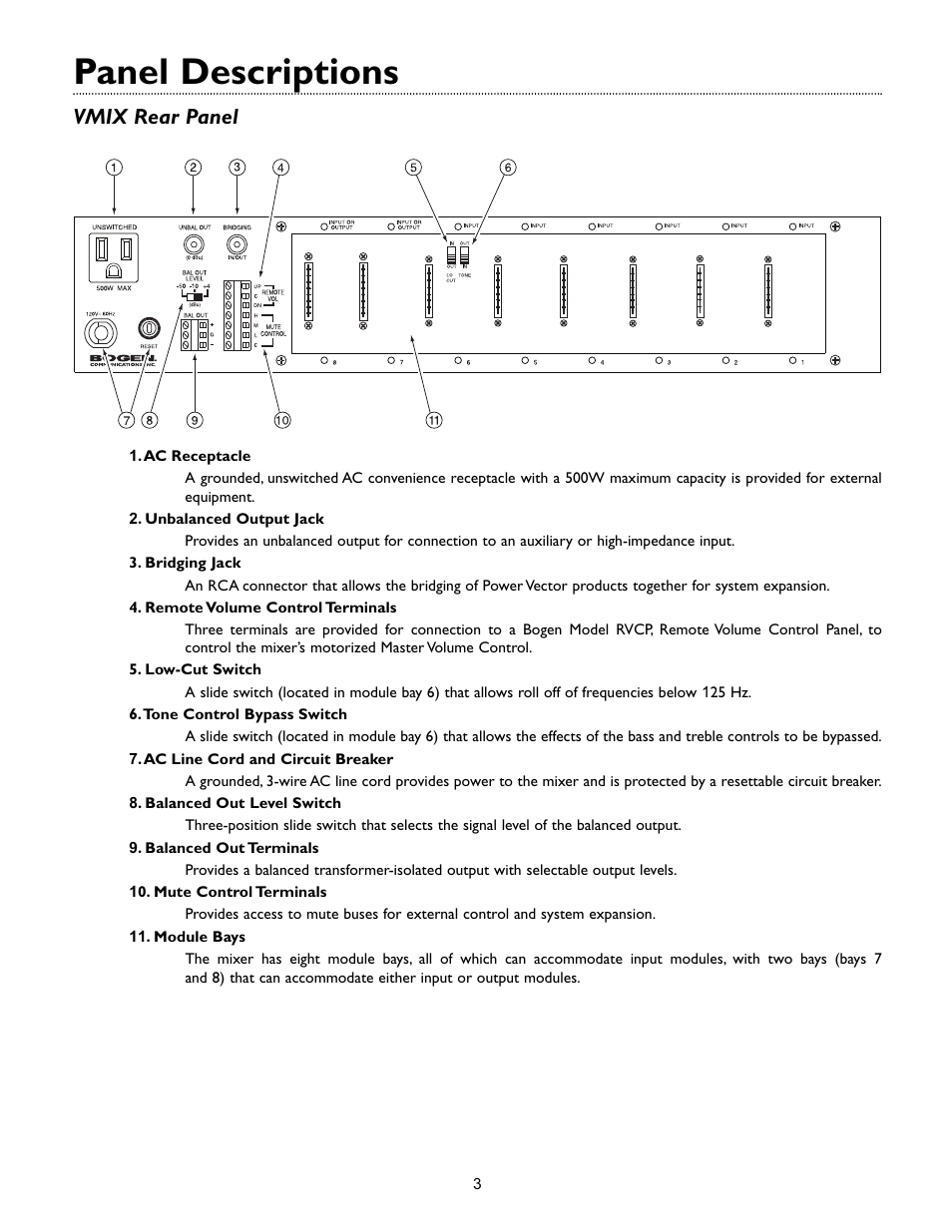 Panel descriptions, Vmix rear panel | Bogen VMIX User Manual | Page 5 / 16