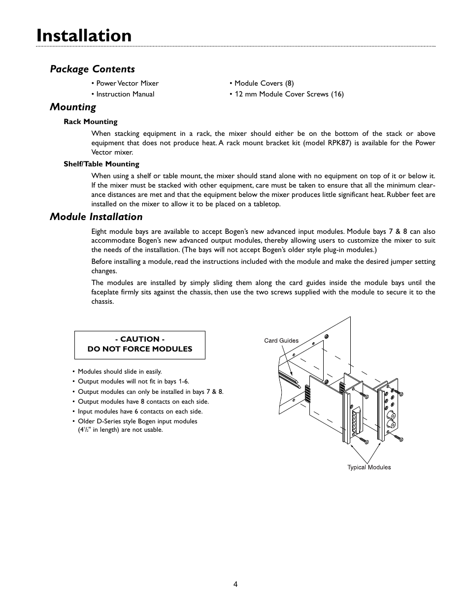 Installation, Package contents, Mounting | Module installation | Bogen VMIX User Manual | Page 6 / 16