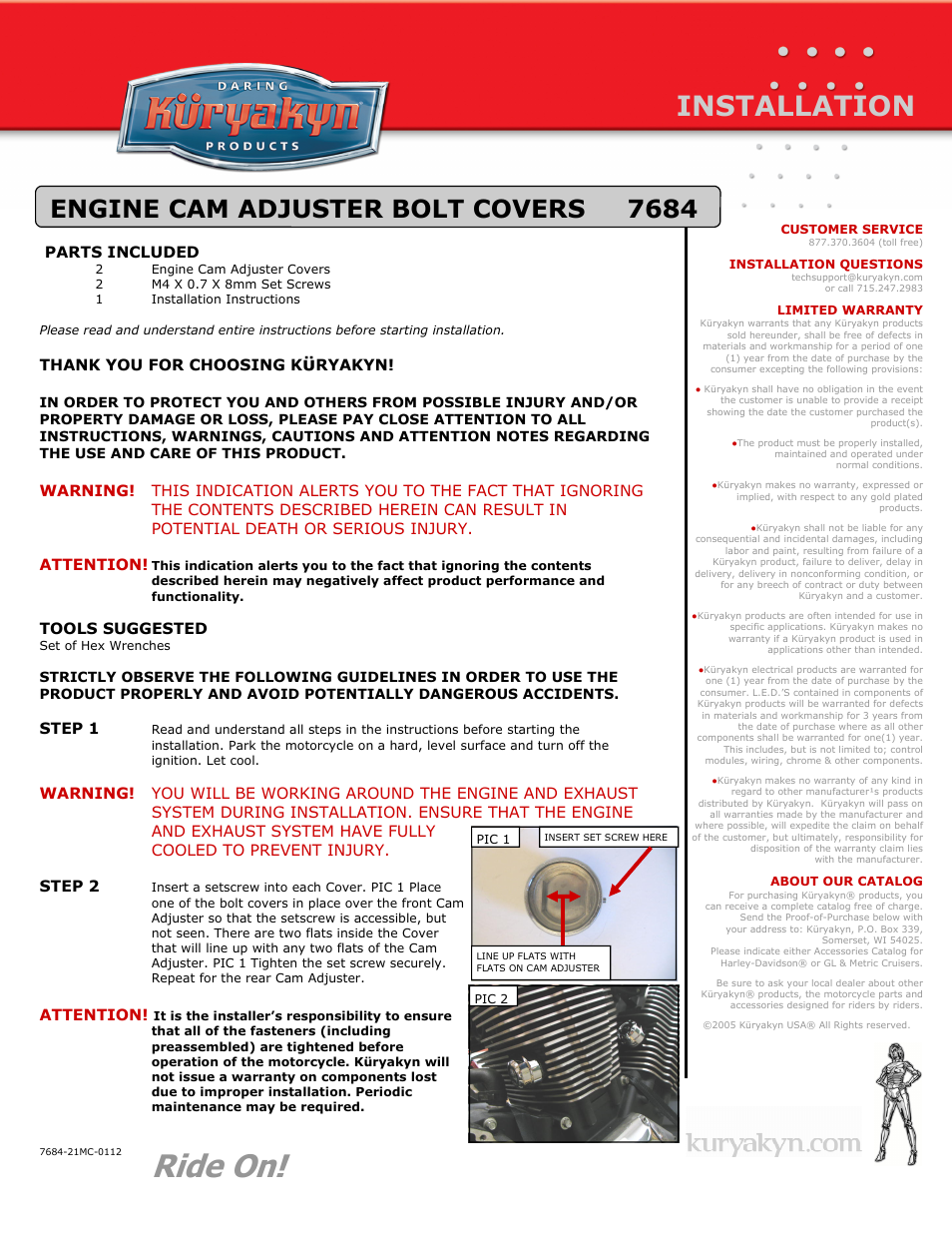 Kuryakyn 7684 ENGINE CAM ADJUSTER BOLT COVERS User Manual | 1 page