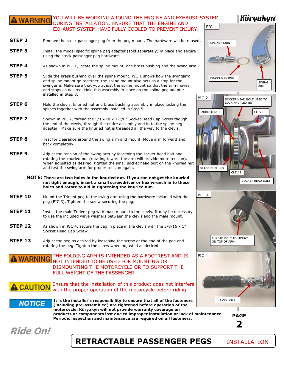 Ride on, Retractable passenger pegs, Installation | Kuryakyn 4389 RETRACTABLE PASSENGER PEGS User Manual | Page 2 / 3