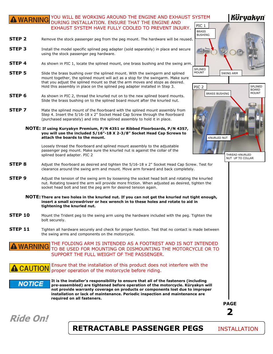 Ride on, Retractable passenger pegs, Installation | Kuryakyn 4388 RETRACTABLE PASSENGER PEGS User Manual | Page 2 / 2