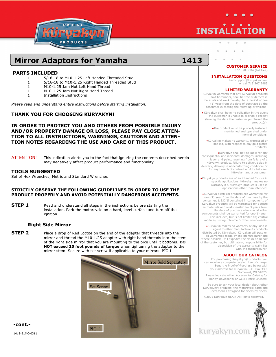 Kuryakyn 1413 Mirror Adaptors for Yamaha User Manual | 2 pages