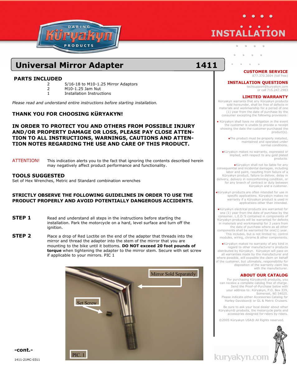 Kuryakyn 1411 Universal Mirror Adapter User Manual | 2 pages