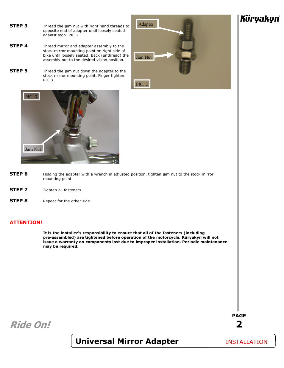 Ride on, Universal mirror adapter | Kuryakyn 1411 Universal Mirror Adapter User Manual | Page 2 / 2