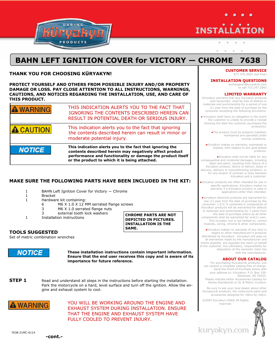 Kuryakyn 7638 BAHN LEFT IGNITION COVER for VICTORY — CHROME User Manual | 3 pages