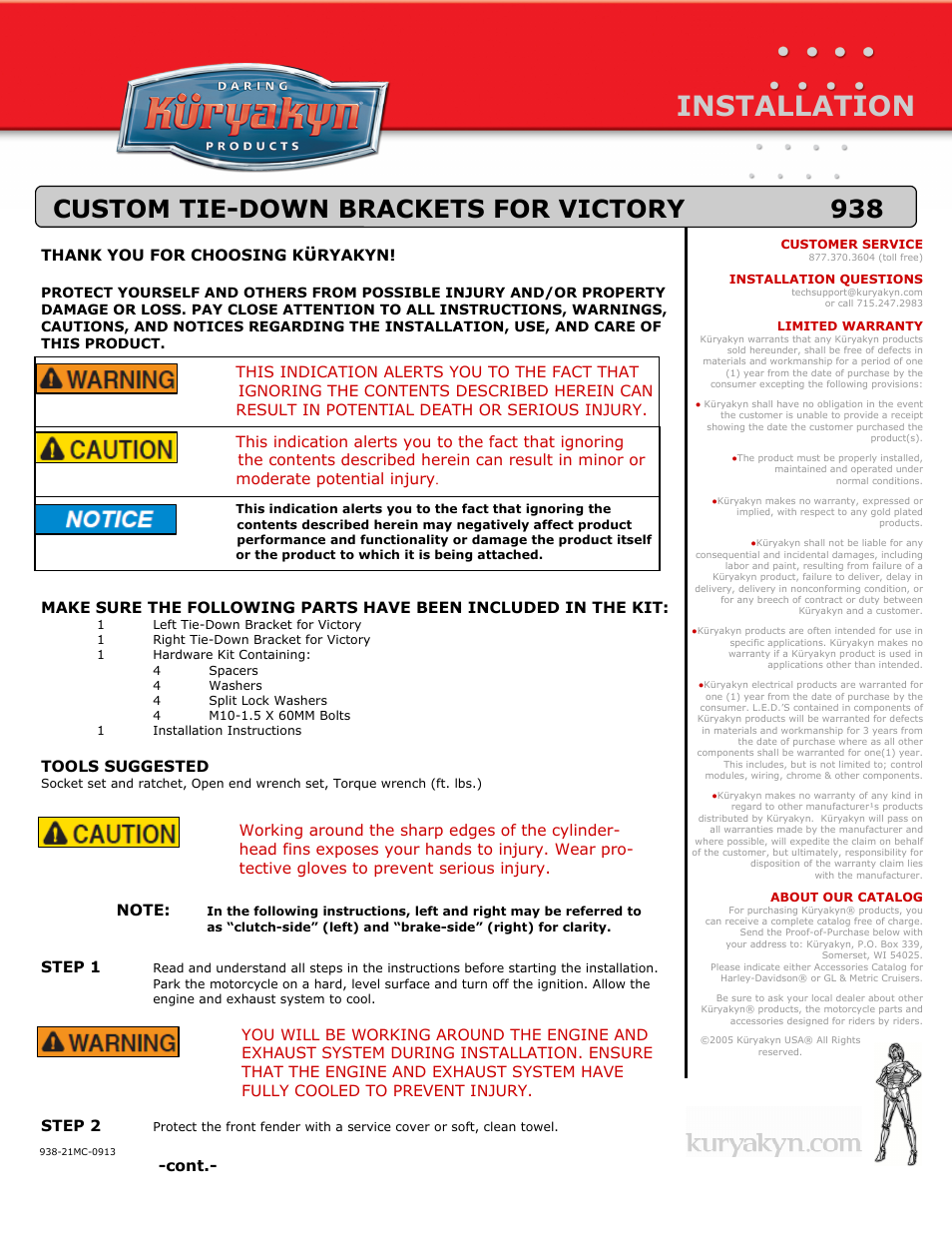 Kuryakyn 938 CUSTOM TIE-DOWN BRACKETS FOR VICTORY User Manual | 3 pages