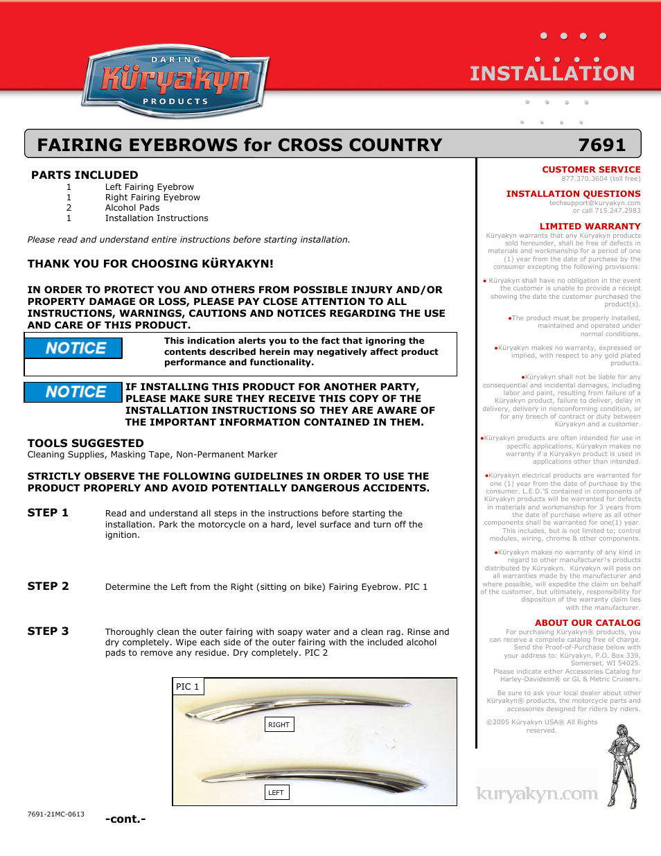 Kuryakyn 7691 FAIRING EYEBROWS for CROSS COUNTRY User Manual | 2 pages