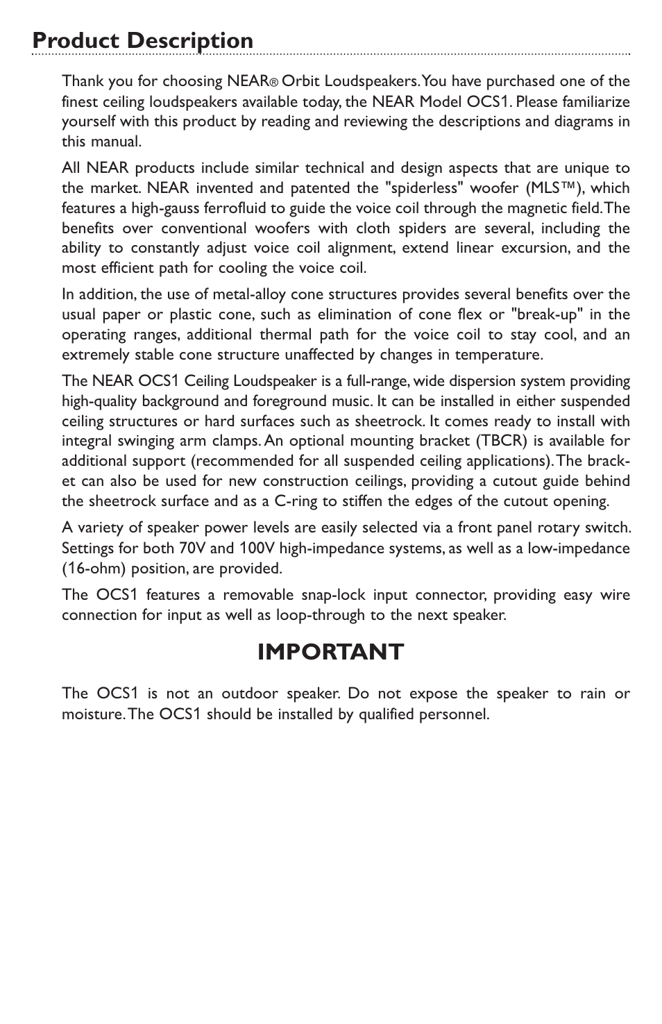 Product description, Important | Bogen OCS1 User Manual | Page 2 / 8