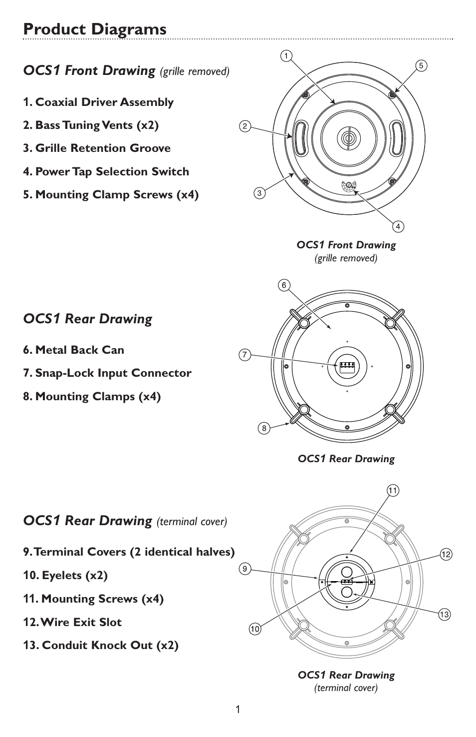 Product diagrams, Ocs 1 front drawing, Ocs 1 rear drawing | Bogen OCS1 User Manual | Page 3 / 8