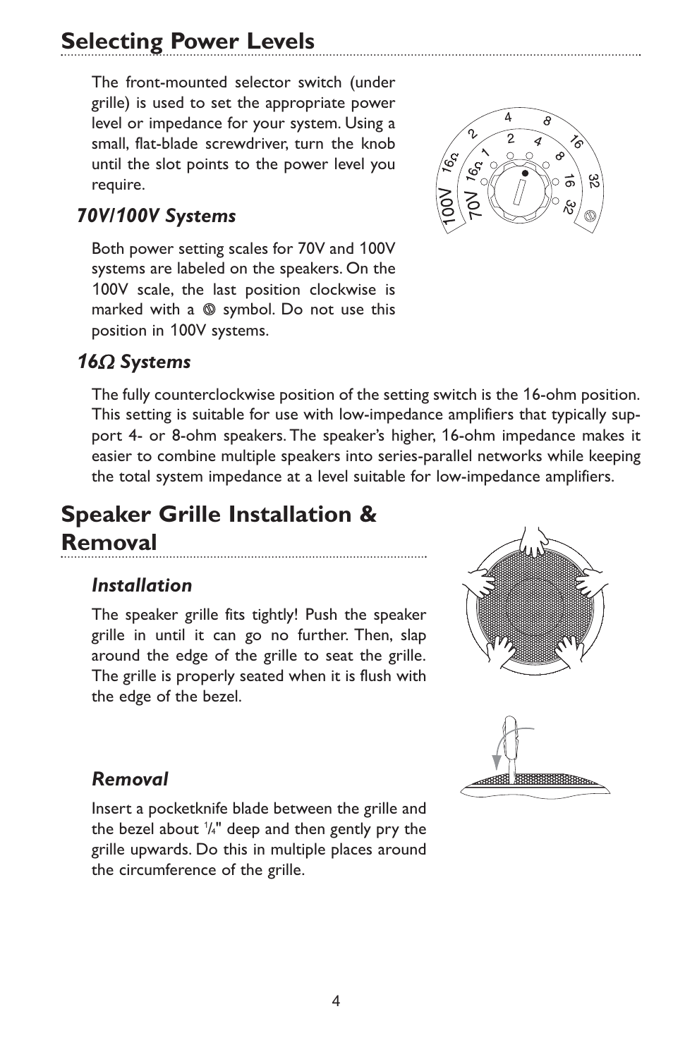 Selecting power levels, Speaker grille installation & removal | Bogen OCS1 User Manual | Page 6 / 8