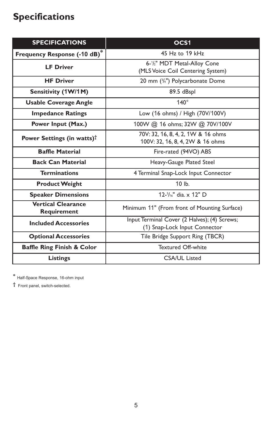 Specifications | Bogen OCS1 User Manual | Page 7 / 8