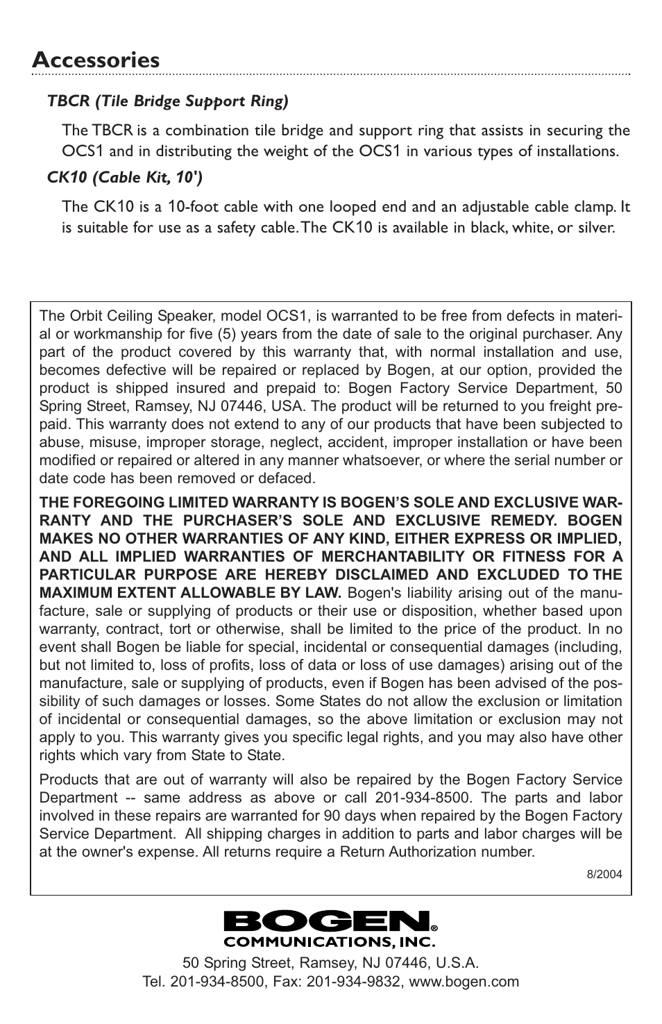 Accessories | Bogen OCS1 User Manual | Page 8 / 8