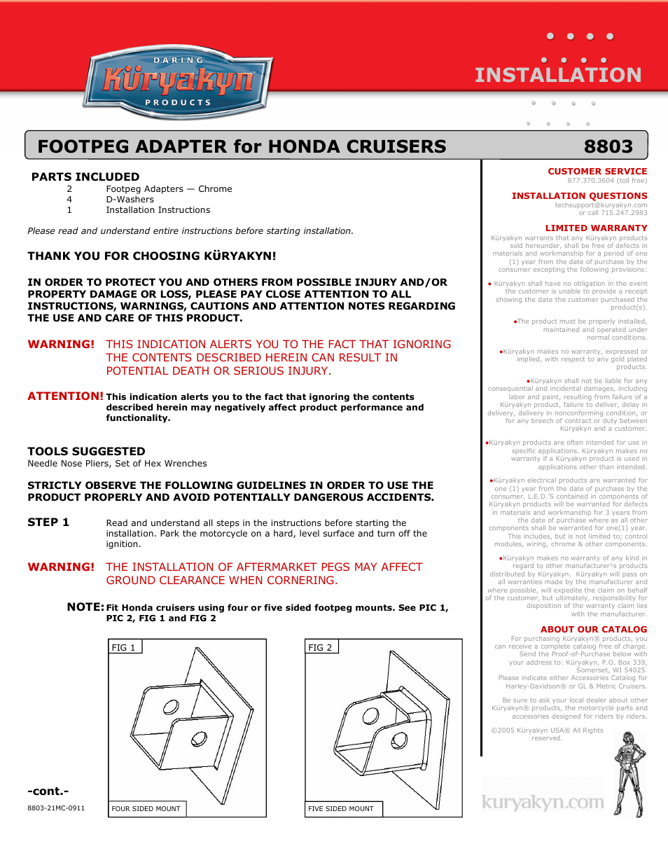 Kuryakyn 8803 FOOTPEG ADAPTER for HONDA CRUISERS User Manual | 2 pages