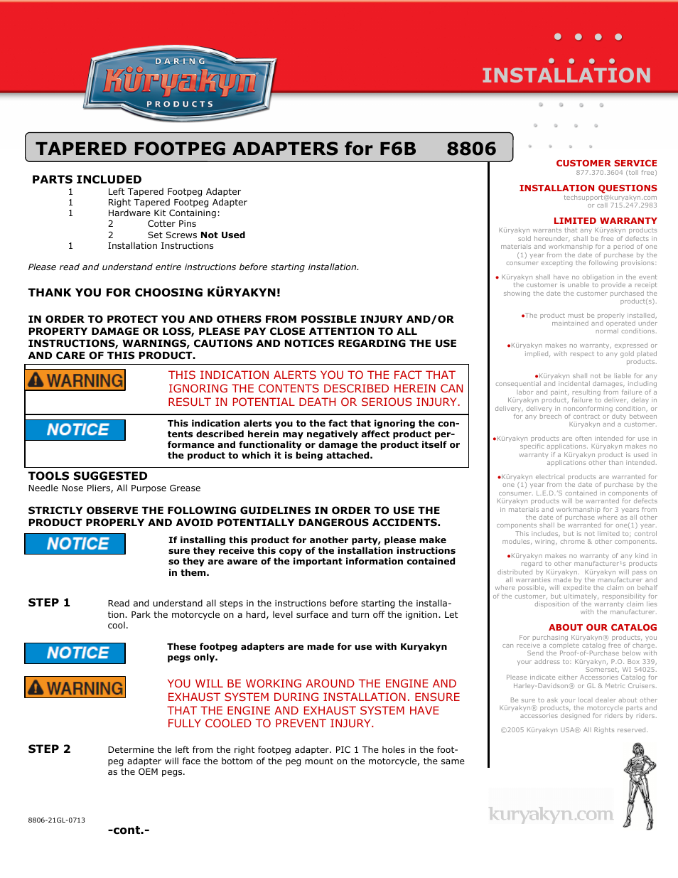 Kuryakyn 8806 TAPERED FOOTPEG ADAPTERS for F6B User Manual | 2 pages