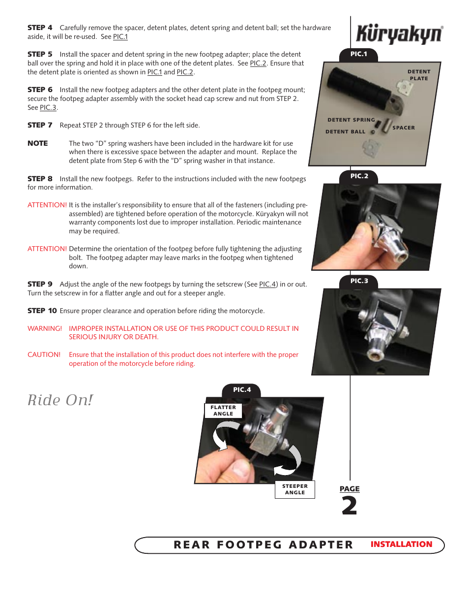 Ride on | Kuryakyn 8809 rear FOOTPEG ADAPTER User Manual | Page 2 / 2