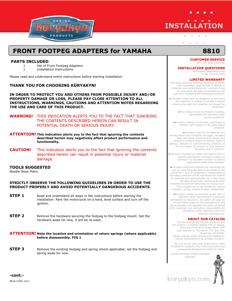 Kuryakyn 8810 FRONT FOOTPEG ADAPTERS for YAMAHA User Manual | 2 pages