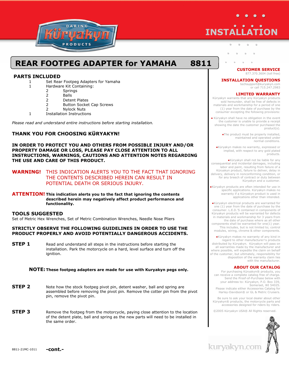 Kuryakyn 8811 FRONT FOOTPEG ADAPTERS for YAMAHA User Manual | 2 pages