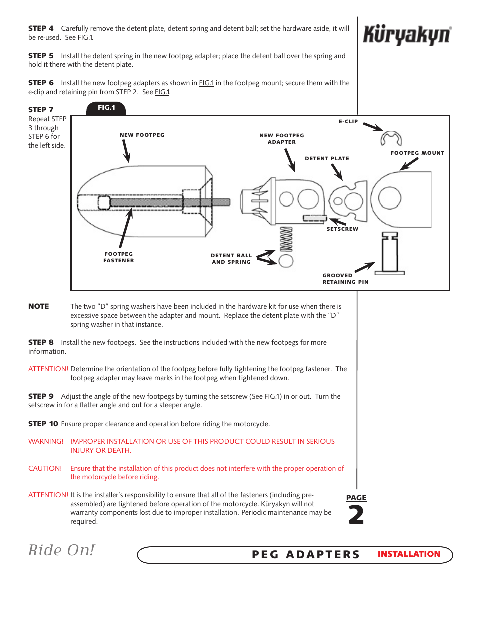 Ride on | Kuryakyn 8822 peg ADAPTERS User Manual | Page 2 / 2