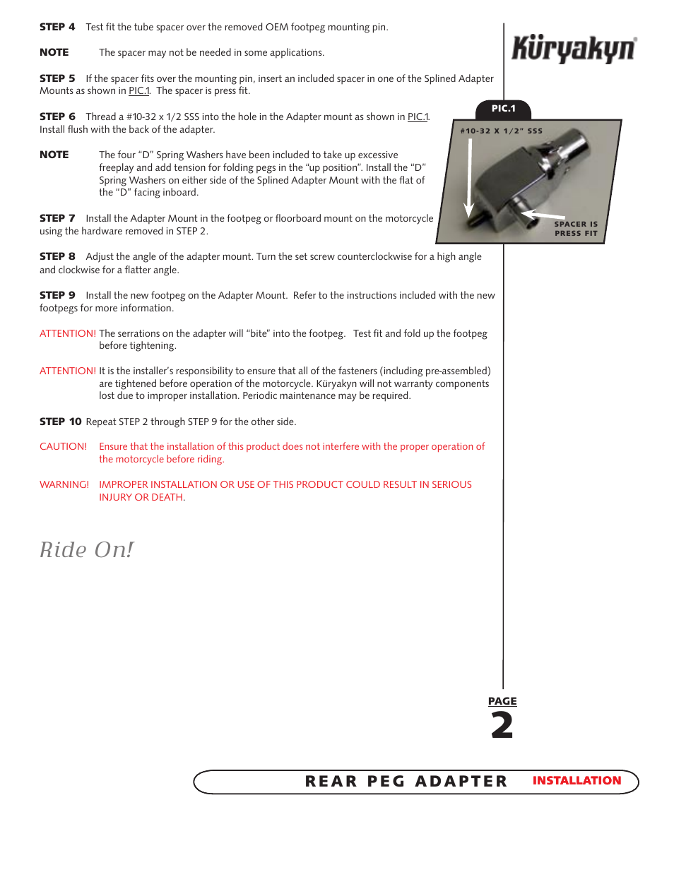 Ride on | Kuryakyn 8823 rear peg ADAPTERS User Manual | Page 2 / 2
