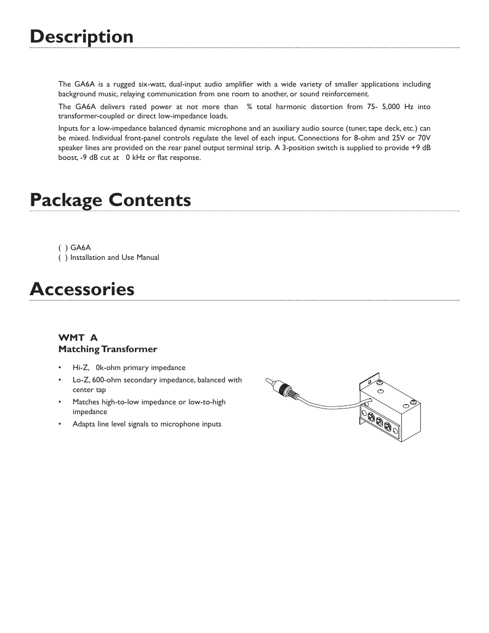 Description, Package contents, Accessories | Bogen GA6A User Manual | Page 3 / 8