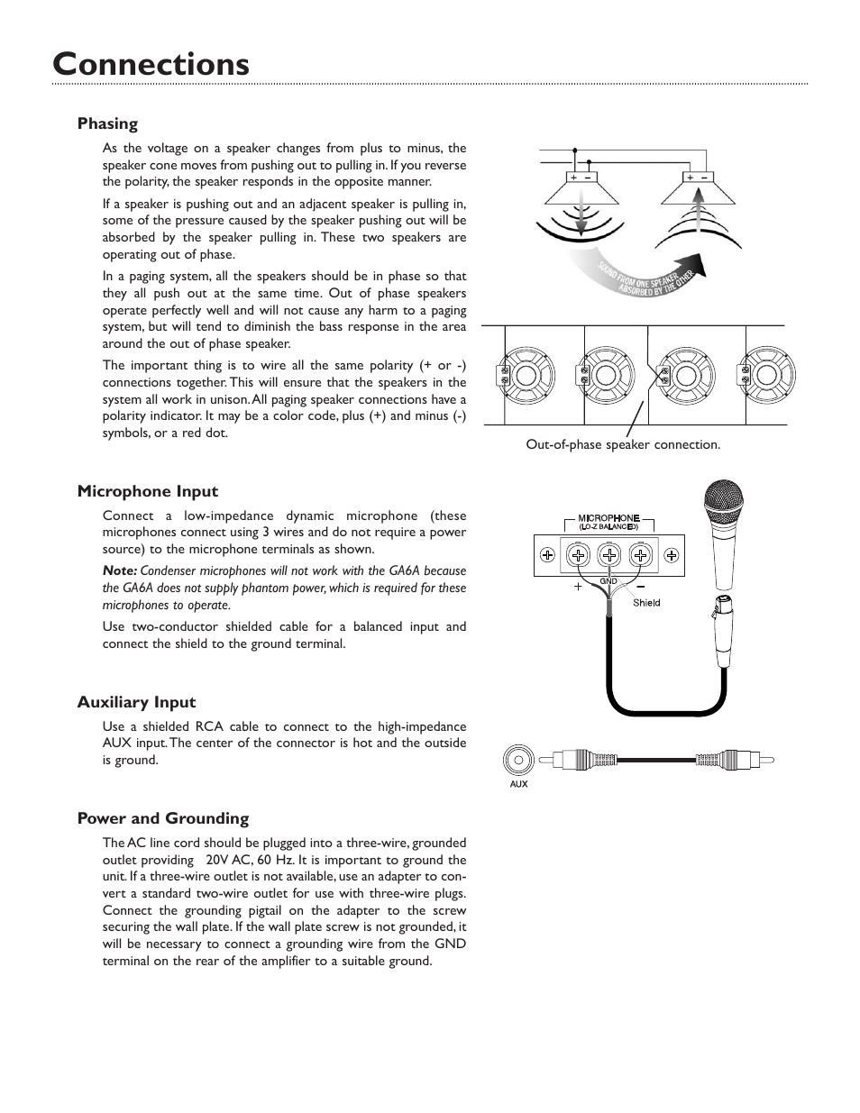 Connections, Phasing, Microphone input | Auxiliary input, Power and grounding, Out-of-phase speaker connection | Bogen GA6A User Manual | Page 6 / 8