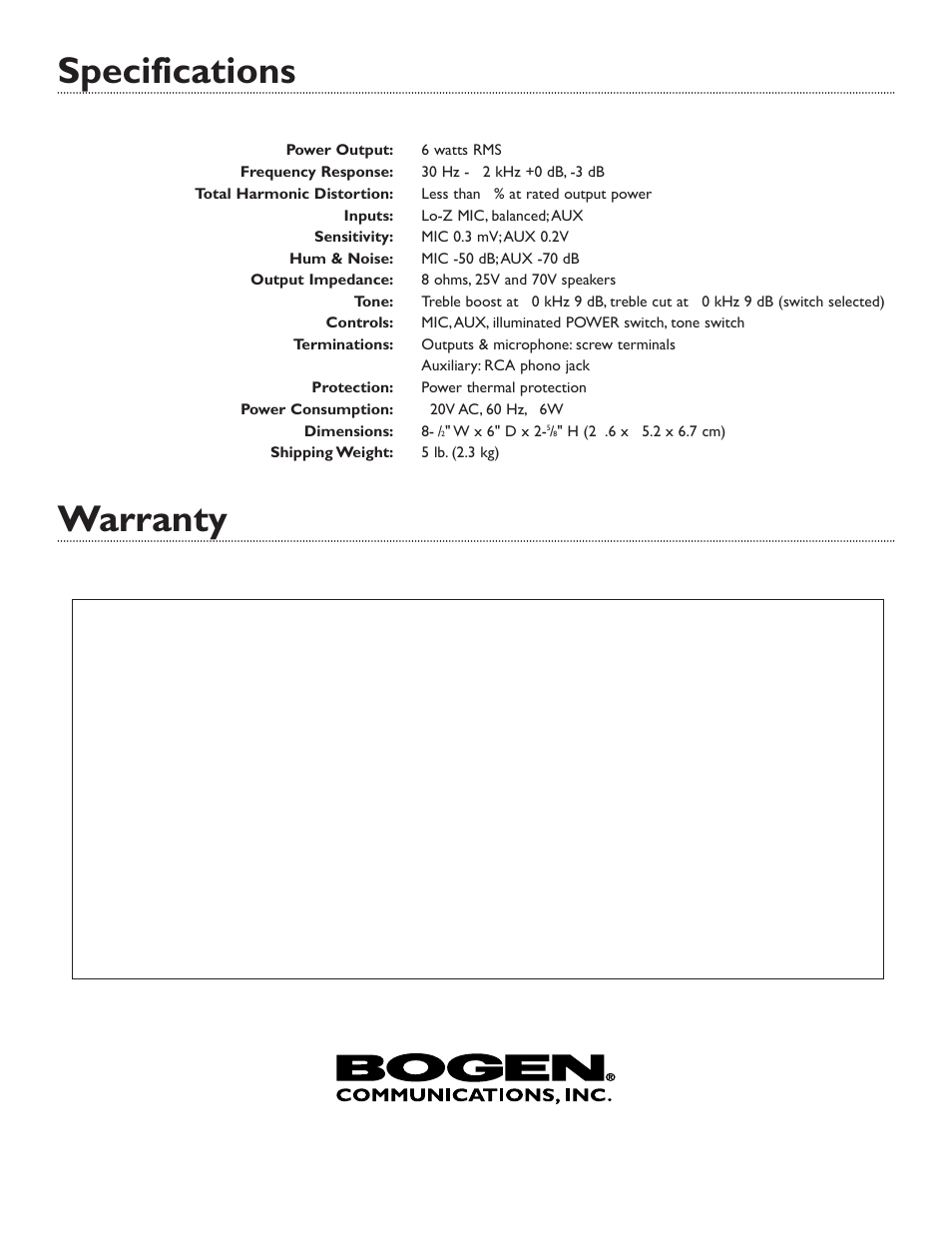 Warranty, Specifications | Bogen GA6A User Manual | Page 8 / 8