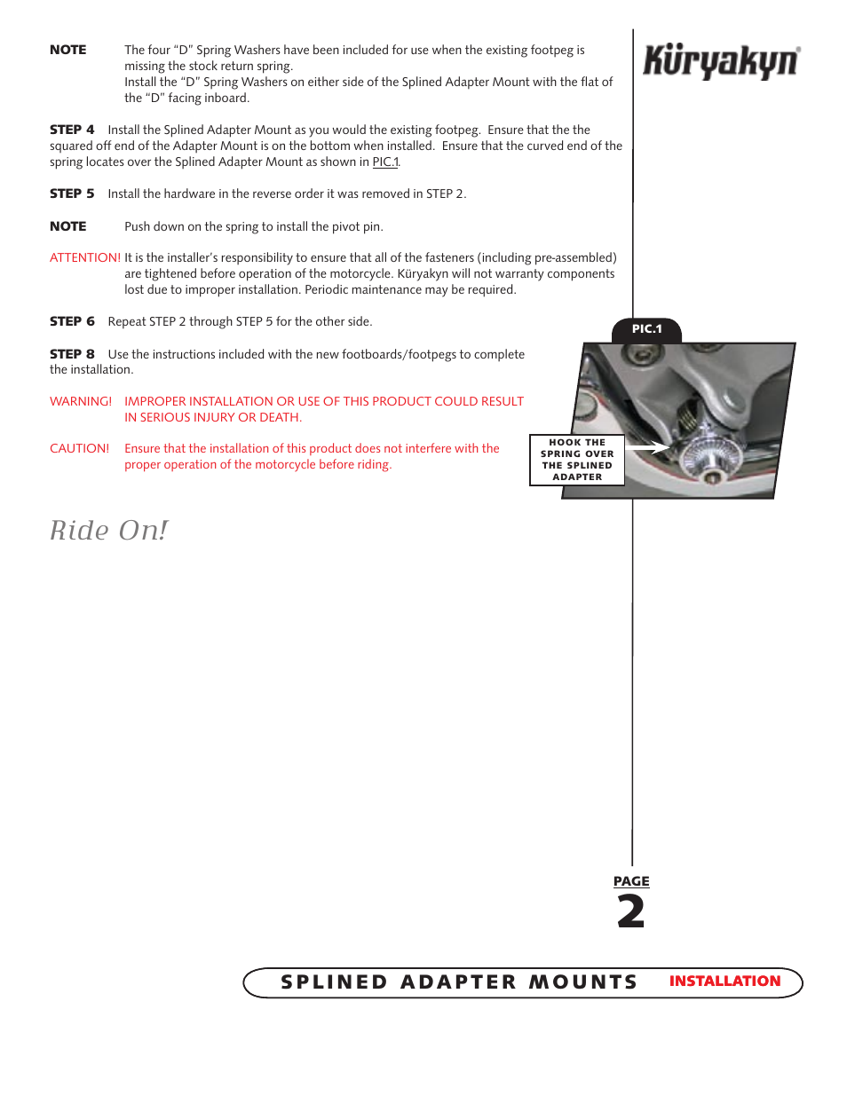 Ride on | Kuryakyn 8808 SPLINED ADAPTER mounts User Manual | Page 2 / 2