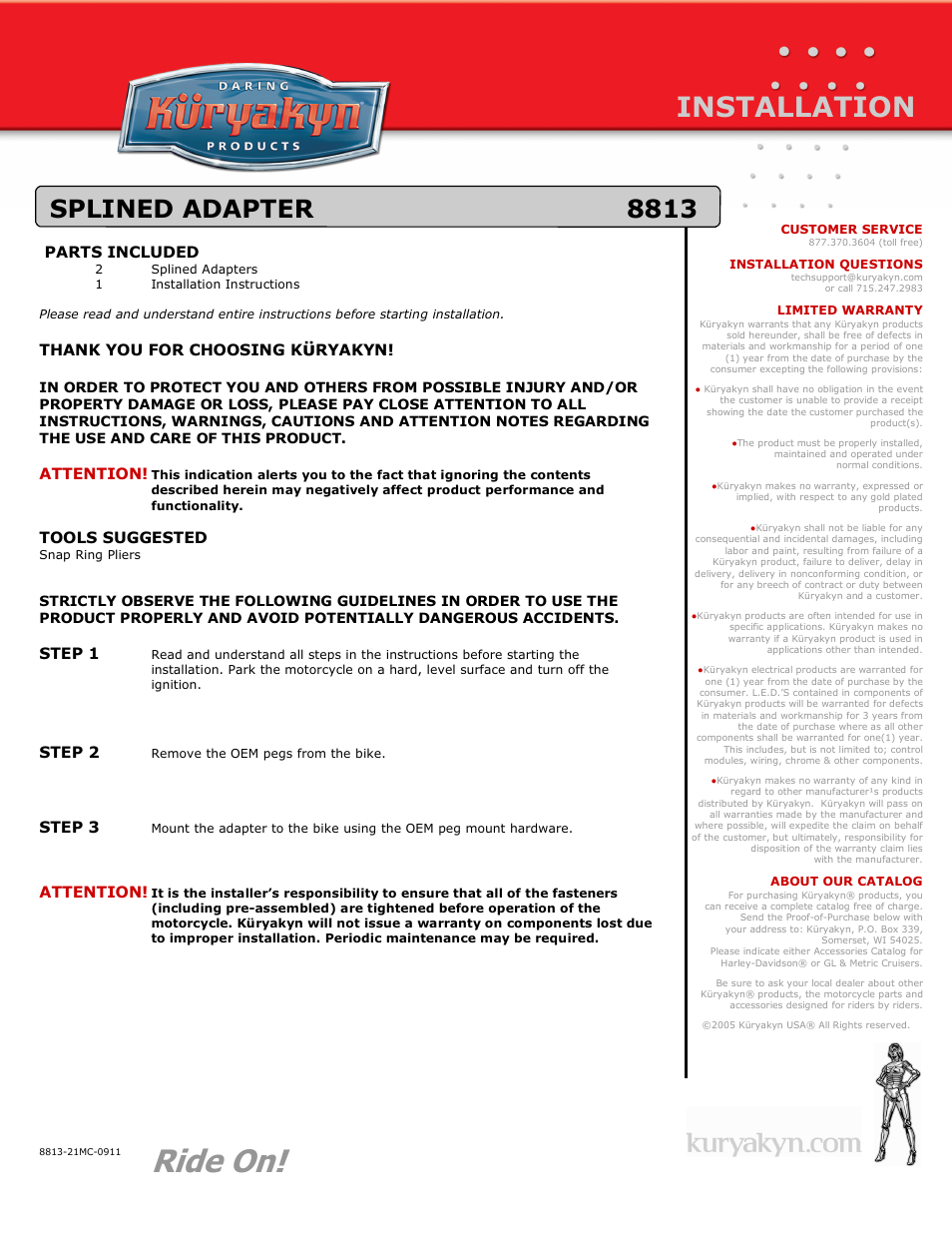 Kuryakyn 8813 SPLINED ADAPTER User Manual | 1 page