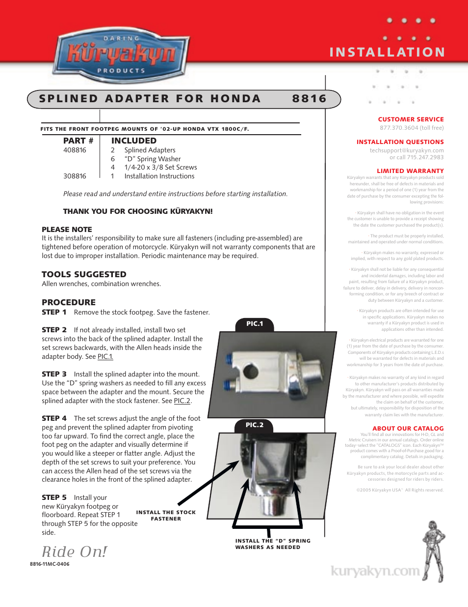 Kuryakyn 8816 SPLINED ADAPTER for HONDA User Manual | 1 page