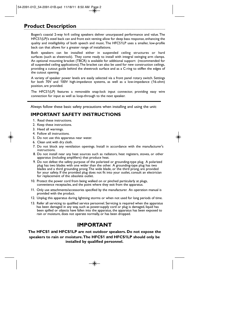 Product description, Important | Bogen HFCS1LP User Manual | Page 2 / 8