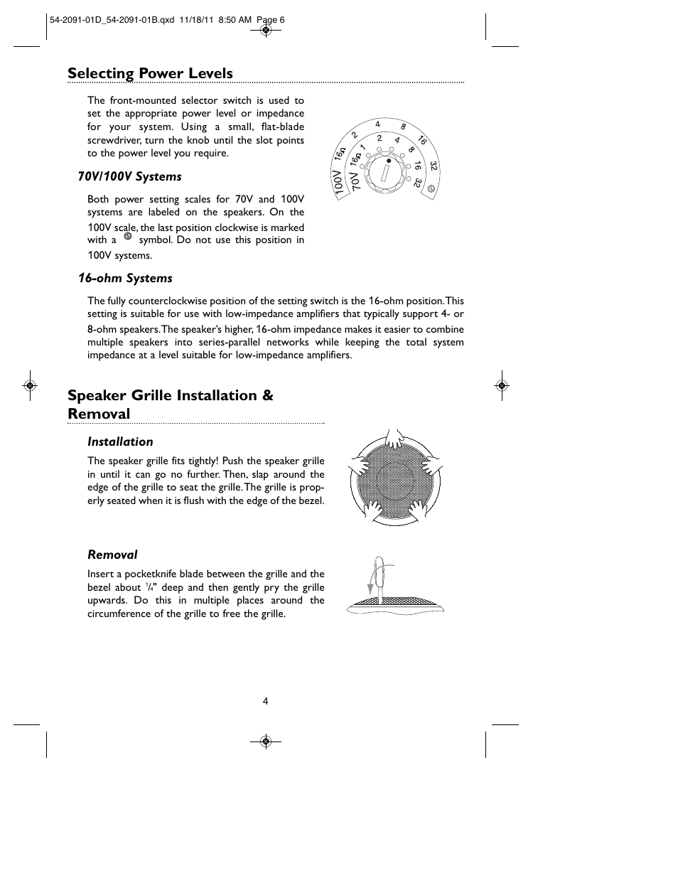 Selecting power levels, Speaker grille installation & removal | Bogen HFCS1LP User Manual | Page 6 / 8