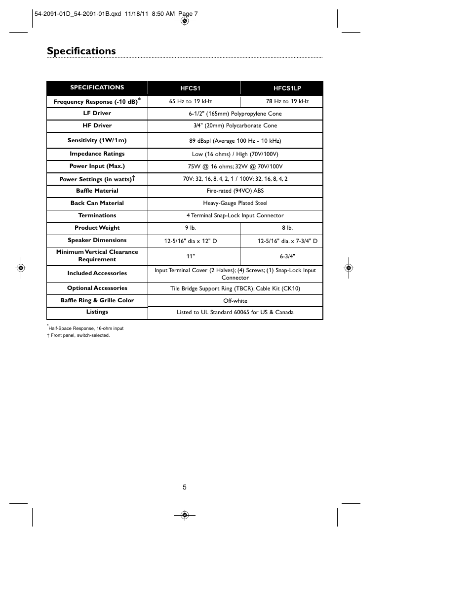 Specifications | Bogen HFCS1LP User Manual | Page 7 / 8